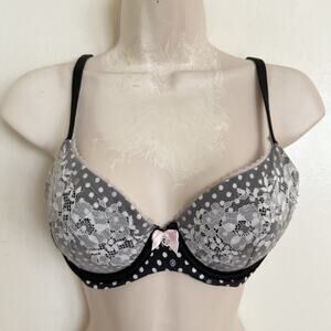 Victorias Secret Body Lined Demi Bra 34D Lace Cups Polka Dots Black White